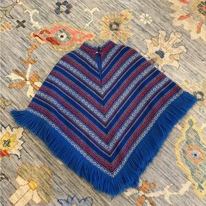 Wool Poncho Cape Striped Fringed Vintage 1960 1970 Bobbie Brooks, Blue Red